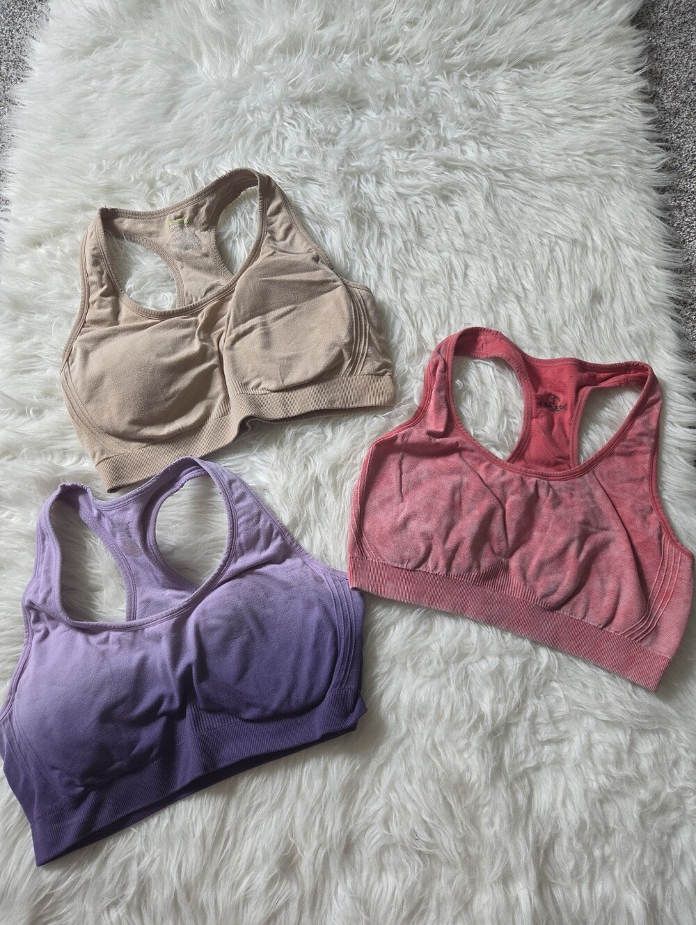 Tek Gear Seamless Racerback Sports Bras - Purple, Pink & Tan (3-Pack) Size Large